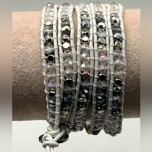 Victoria Emerson 5‑Wrap Bracelet – Iridescent Silver & Clear Crystals White Cord
